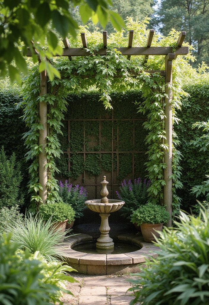 25+ Corner Trellis Ideas to Fill Empty Garden Spaces 137 25+ Corner Trellis Ideas to Fill Empty Garden Spaces - 21. Trellis with Water Feature