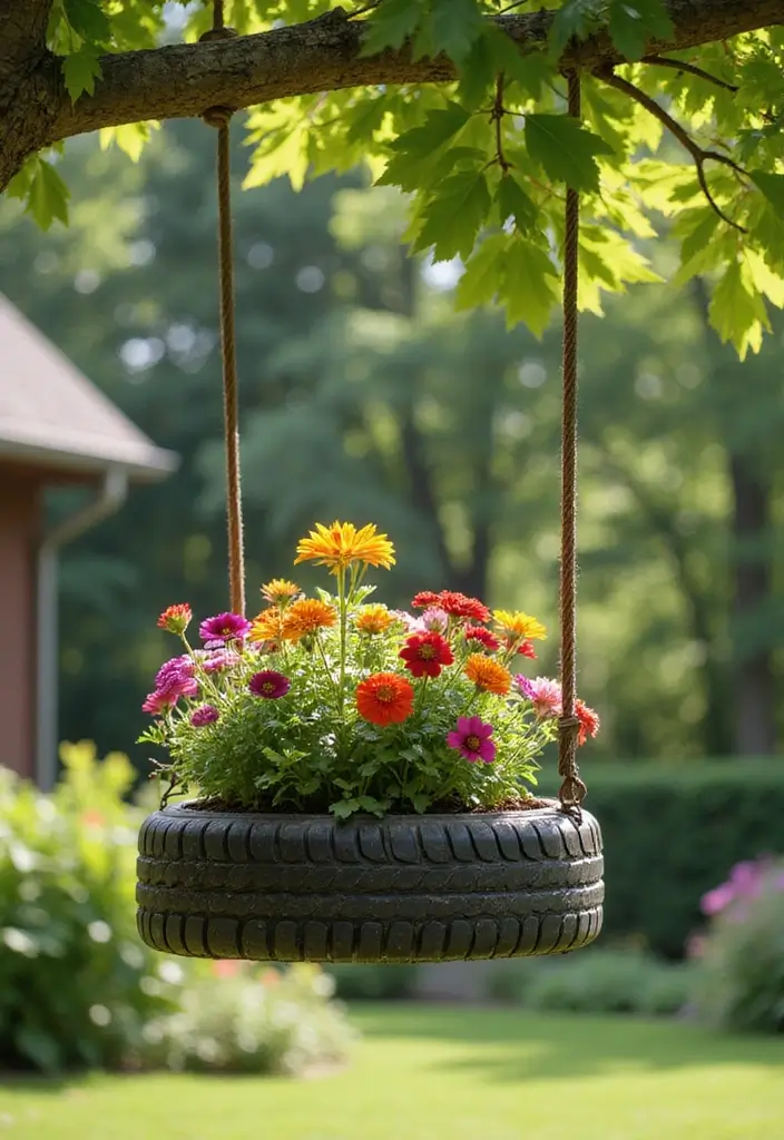 25+ DIY Garden Planter Ideas Anyone Can Create 147 25+ DIY Garden Planter Ideas Anyone Can Create - 23. Tire Swing Planter