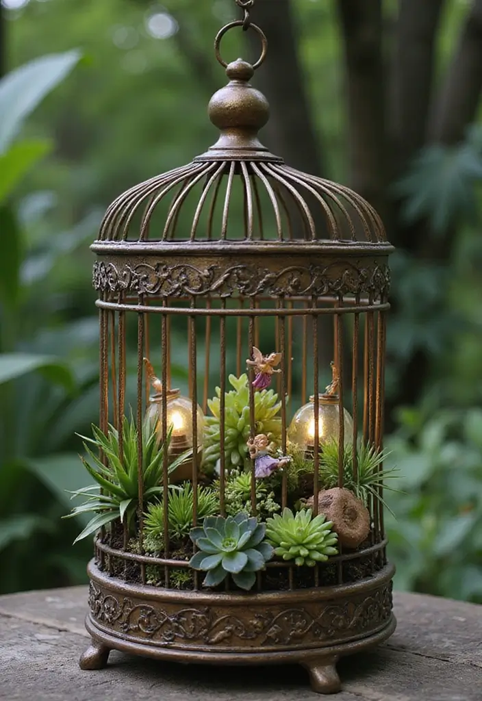 25+ Fairy Garden Planter Ideas for a Whimsical Touch 64 25+ Fairy Garden Planter Ideas for a Whimsical Touch - 10. Fairy Garden in a Birdcage