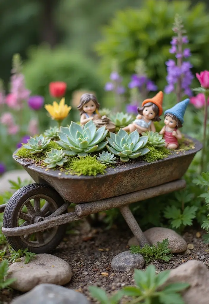 25+ Fairy Garden Planter Ideas for a Whimsical Touch 71 25+ Fairy Garden Planter Ideas for a Whimsical Touch - 11. Fairy Garden in a Wheelbarrow
