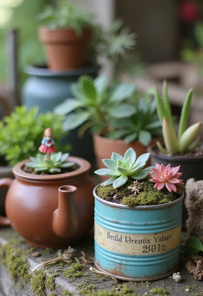 25+ Fairy Garden Planter Ideas for a Whimsical Touch 116 25+ Fairy Garden Planter Ideas for a Whimsical Touch - 18. Fairy Garden with Upcycled Containers