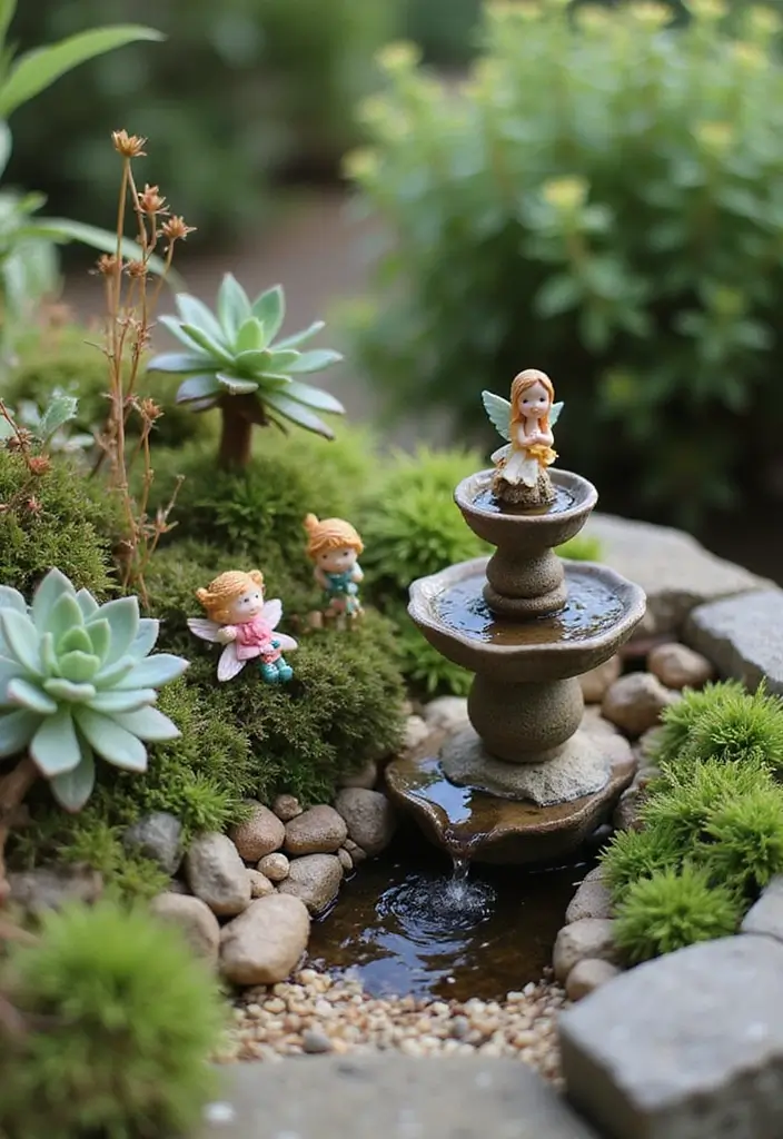 25+ Fairy Garden Planter Ideas for a Whimsical Touch 128 25+ Fairy Garden Planter Ideas for a Whimsical Touch - 20. Fairy Garden with Miniature Fountains