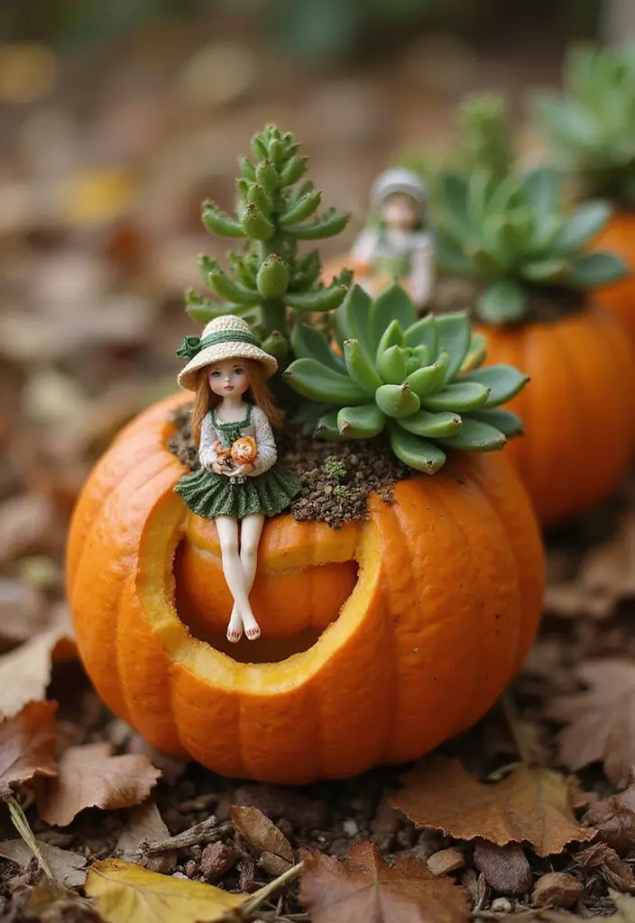25+ Fairy Garden Planter Ideas for a Whimsical Touch 57 25+ Fairy Garden Planter Ideas for a Whimsical Touch - 9. Fairy Garden in a Pumpkin