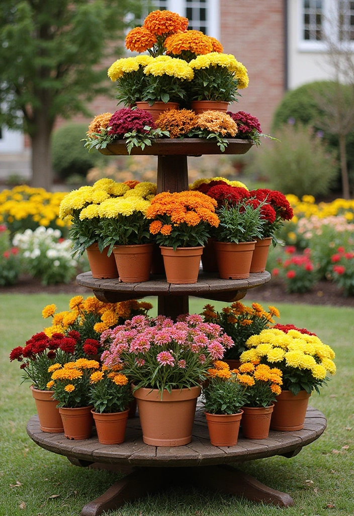 25+ Fall Mum Planter Ideas That Add Autumn Color - 11. Tiered Plant Stands