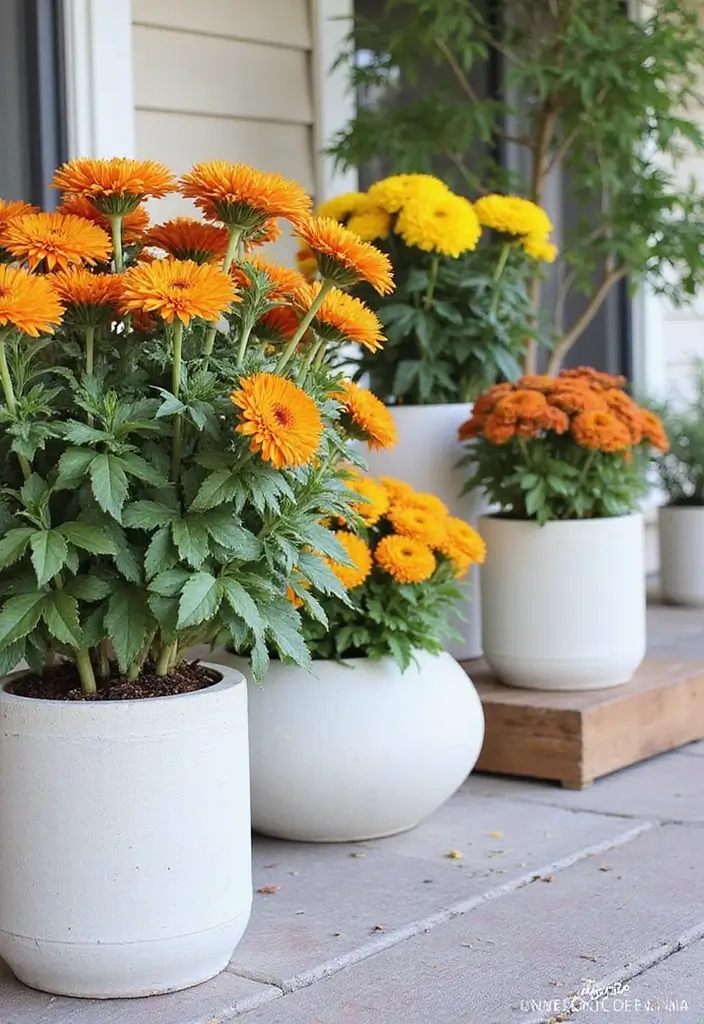 25+ Fall Mum Planter Ideas That Add Autumn Color - 13. DIY Concrete Planters