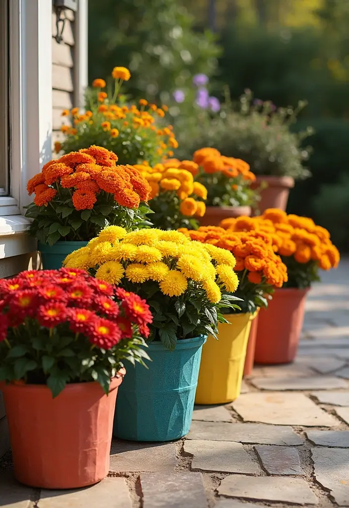 25+ Fall Mum Planter Ideas That Add Autumn Color - 14. Colorful Fabric Planters