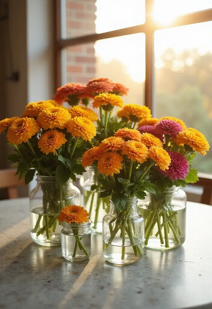 25+ Fall Mum Planter Ideas That Add Autumn Color - 15. Glass Vases & Jars