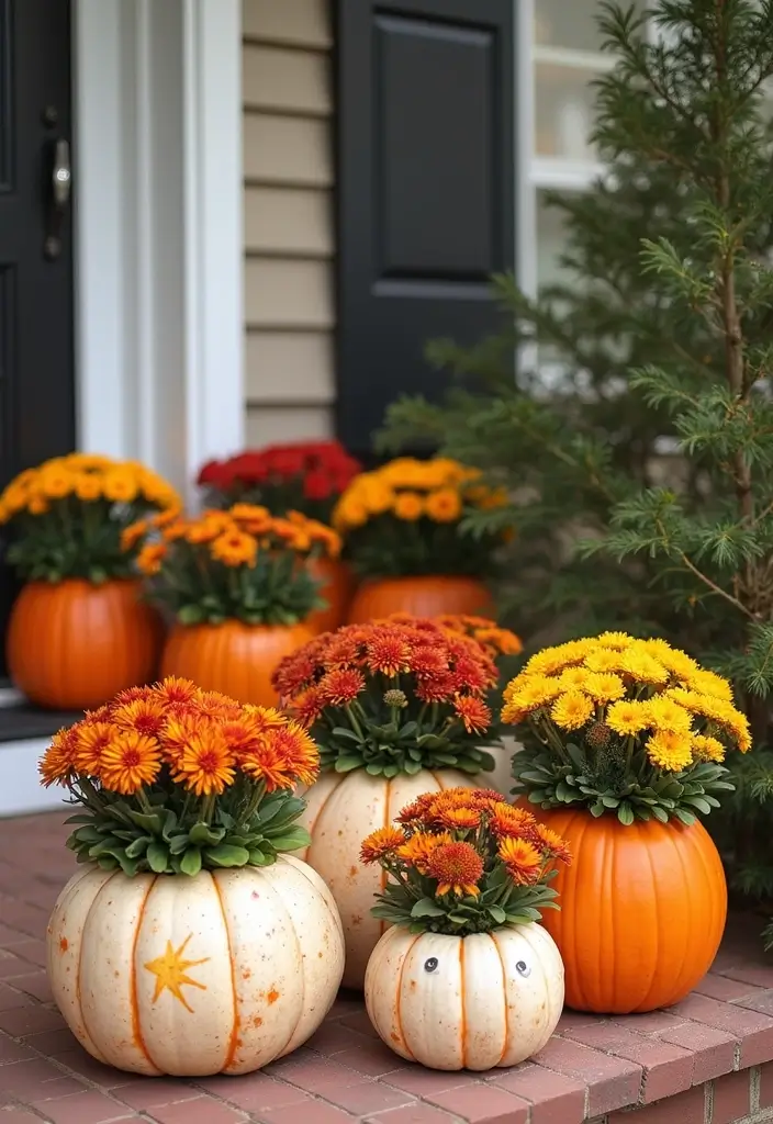 25+ Fall Mum Planter Ideas That Add Autumn Color - 16. Painted Pumpkins as Planters