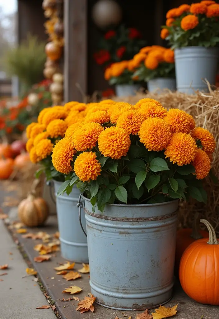 25+ Fall Mum Planter Ideas That Add Autumn Color - 17. Rustic Bucket Planters