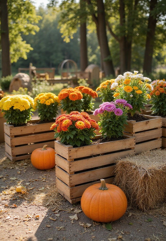 25+ Fall Mum Planter Ideas That Add Autumn Color - 2. Wooden Crate Displays