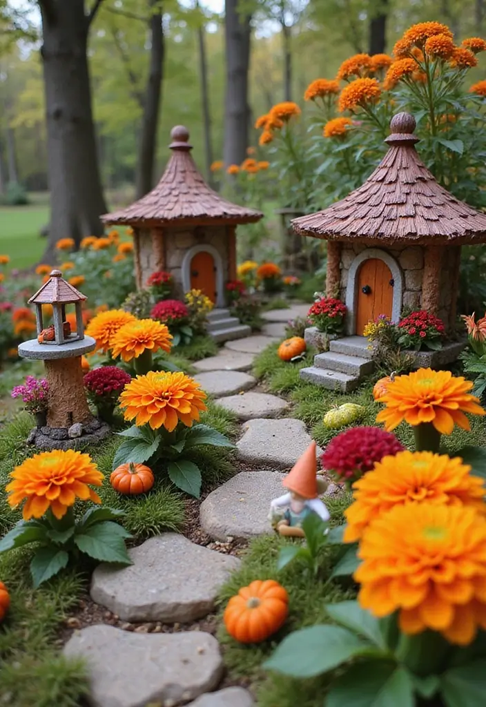 25+ Fall Mum Planter Ideas That Add Autumn Color - 20. Whimsical Fairy Gardens
