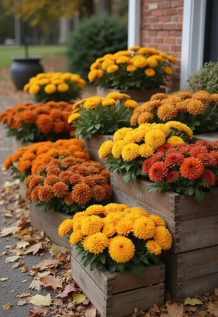 25+ Fall Mum Planter Ideas That Add Autumn Color - 21. Rustic Wood Boxes