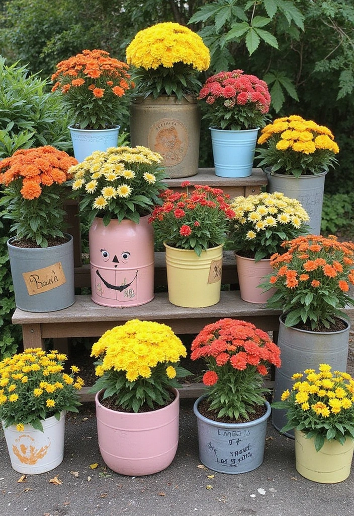 25+ Fall Mum Planter Ideas That Add Autumn Color - 22. Upcycled Containers