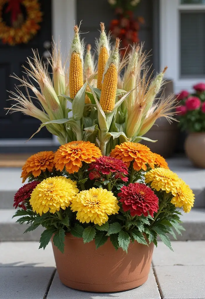 25+ Fall Mum Planter Ideas That Add Autumn Color - 23. Seasonal Arrangements with Cornstalks