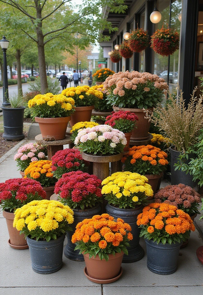 25+ Fall Mum Planter Ideas That Add Autumn Color - 24. Elevated Plant Stands