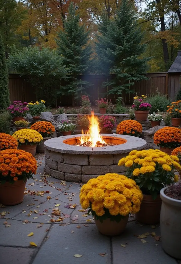 25+ Fall Mum Planter Ideas That Add Autumn Color - 25. Cozy Firepit Displays