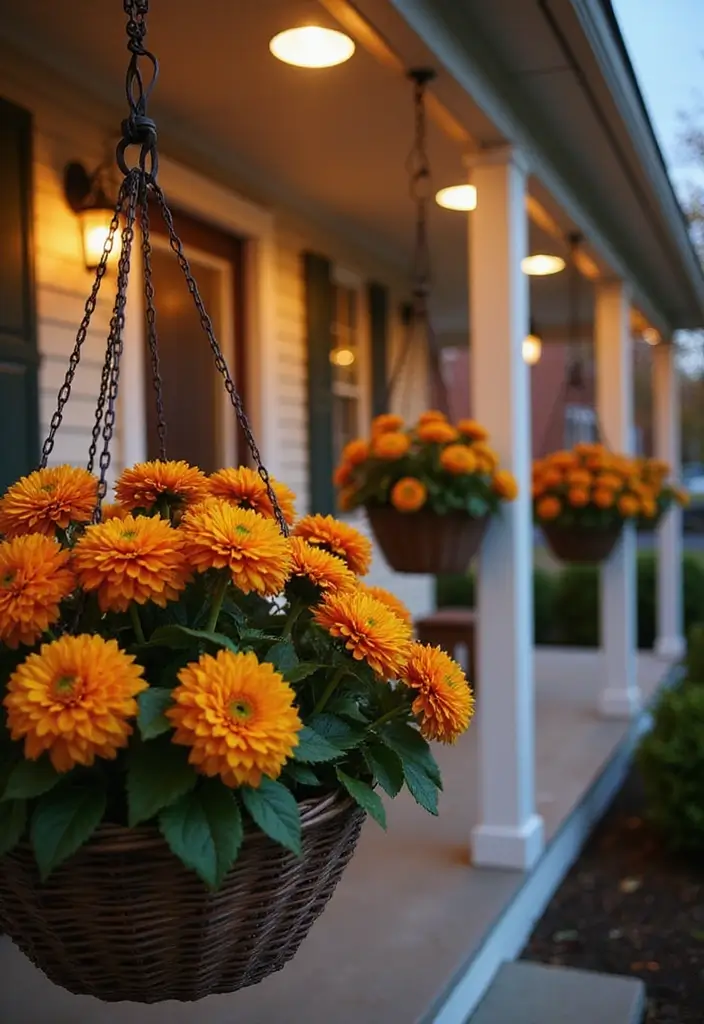 25+ Fall Mum Planter Ideas That Add Autumn Color - 3. Hanging Basket Arrangements