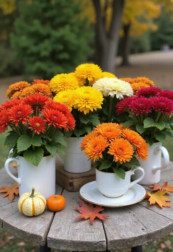 25+ Fall Mum Planter Ideas That Add Autumn Color - 4. Repurposed Teacups and Mugs