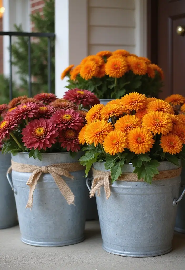25+ Fall Mum Planter Ideas That Add Autumn Color - 5. Stylish Metal Buckets