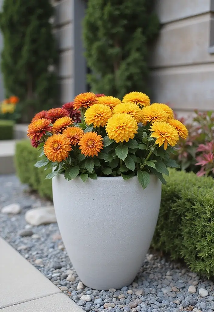 25+ Fall Mum Planter Ideas That Add Autumn Color - 6. Concrete Planters
