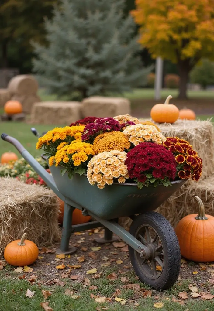 25+ Fall Mum Planter Ideas That Add Autumn Color - 7. Vintage Wheelbarrow Displays