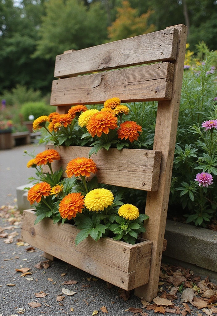 25+ Fall Mum Planter Ideas That Add Autumn Color - 8. Repurposed Pallet Planters