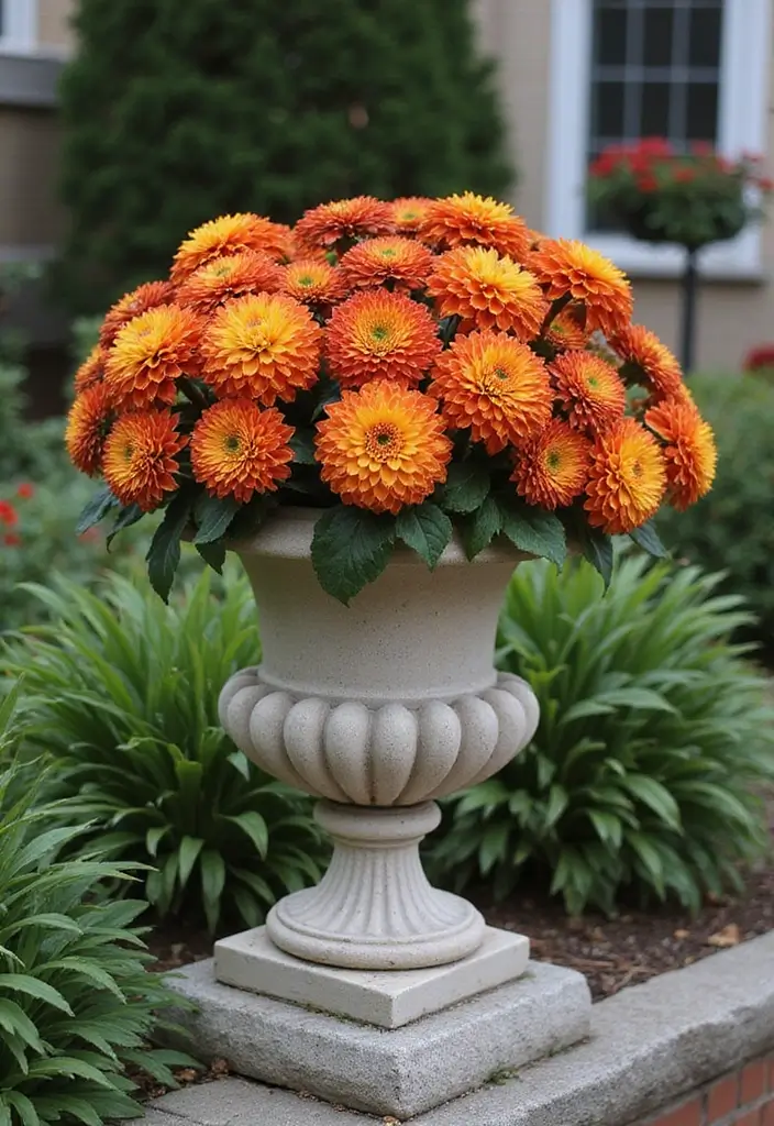 25+ Fall Mum Planter Ideas That Add Autumn Color - 9. Elegant Stone Urns