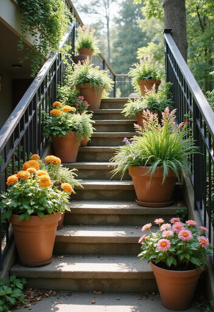 25+ Full Sun Planter Ideas for Bright Blooming Displays - 14. Container Gardens on Stairs