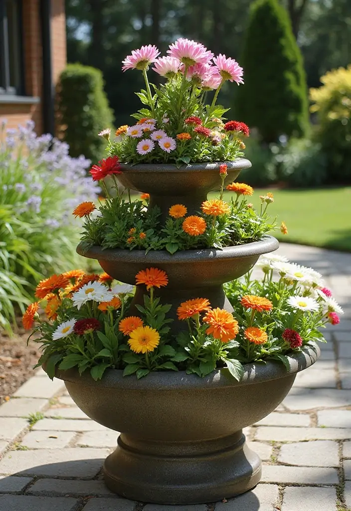 25+ Full Sun Planter Ideas for Bright Blooming Displays - 19. Tiered Planters