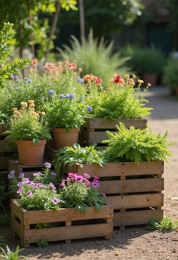 25+ Full Sun Planter Ideas for Bright Blooming Displays - 4. Rustic Wooden Crates