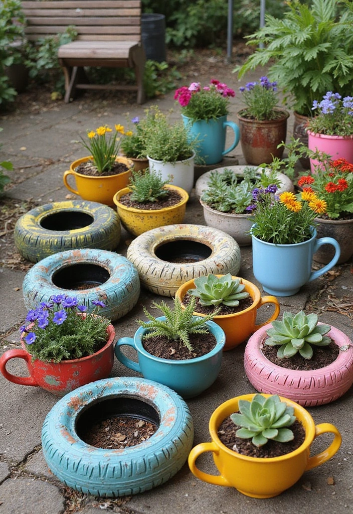 25+ Full Sun Planter Ideas for Bright Blooming Displays - 8. Upcycled Planters