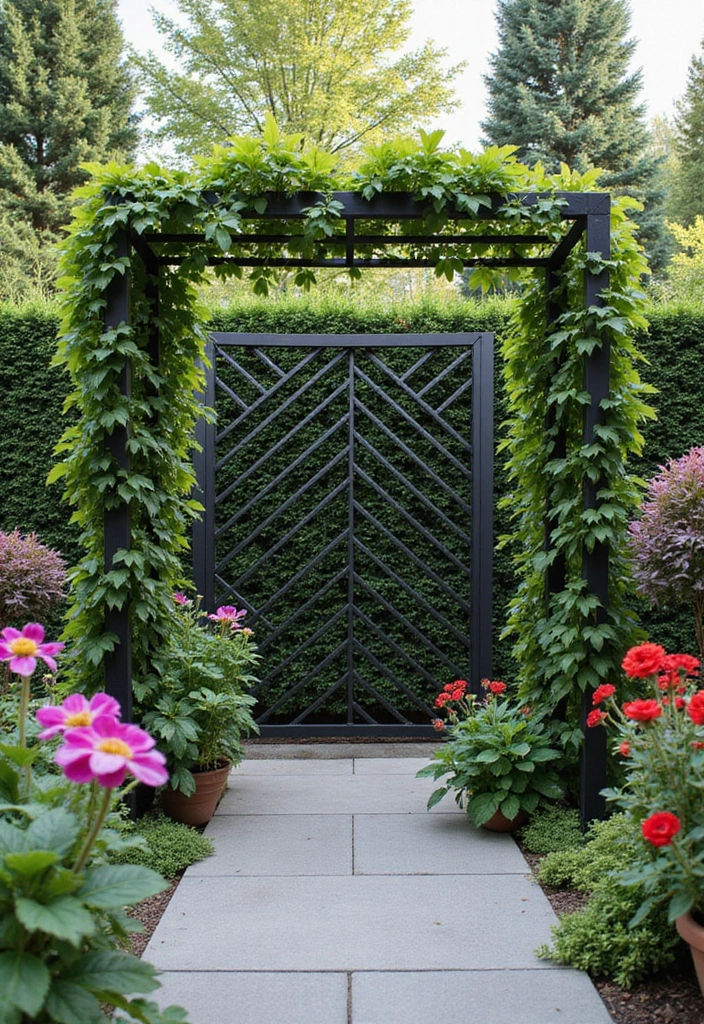 25+ Garden Wall Trellis Ideas That Double as Art 8 25+ Garden Wall Trellis Ideas That Double as Art - 2. Modern Metal Trellis