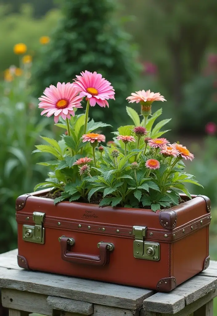 25+ Hosta Planter Ideas for Shady Corners and Texture 88 25+ Hosta Planter Ideas for Shady Corners and Texture - 14. Vintage Suitcase Planters