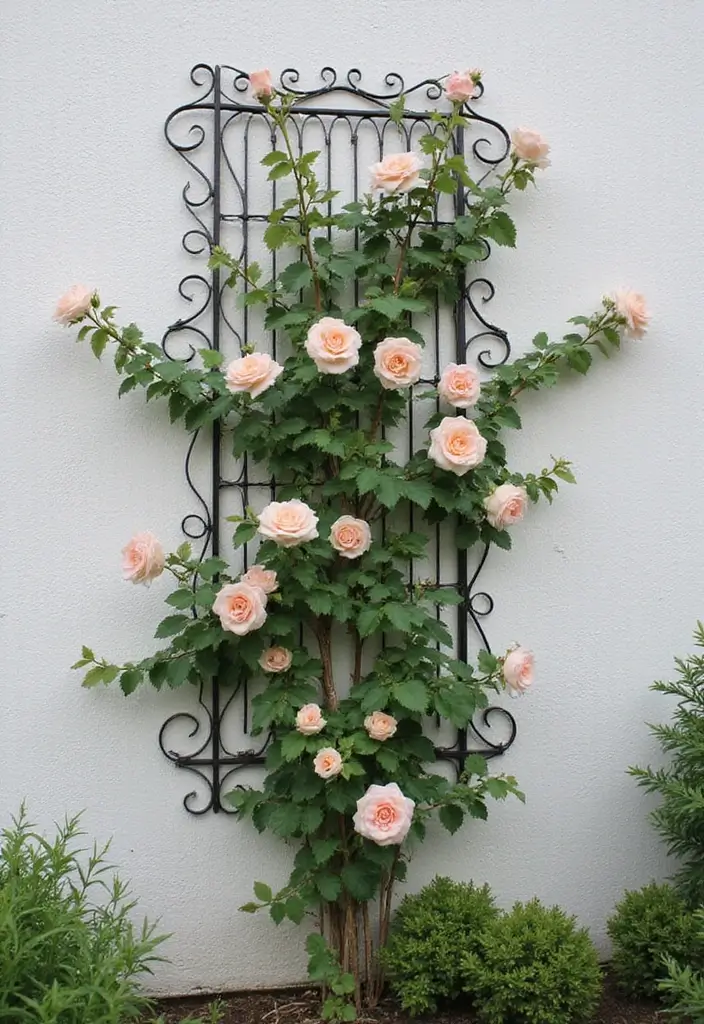 25+ Iron Trellis Ideas That Bring Vintage Elegance 118 25+ Iron Trellis Ideas That Bring Vintage Elegance - 18. Wall-Mounted Trellis