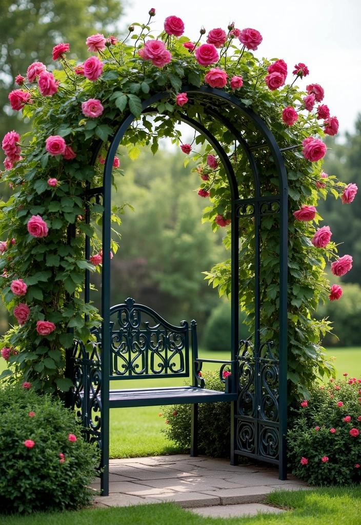 25+ Iron Trellis Ideas That Bring Vintage Elegance 125 25+ Iron Trellis Ideas That Bring Vintage Elegance - 19. Archway Trellis with Seat