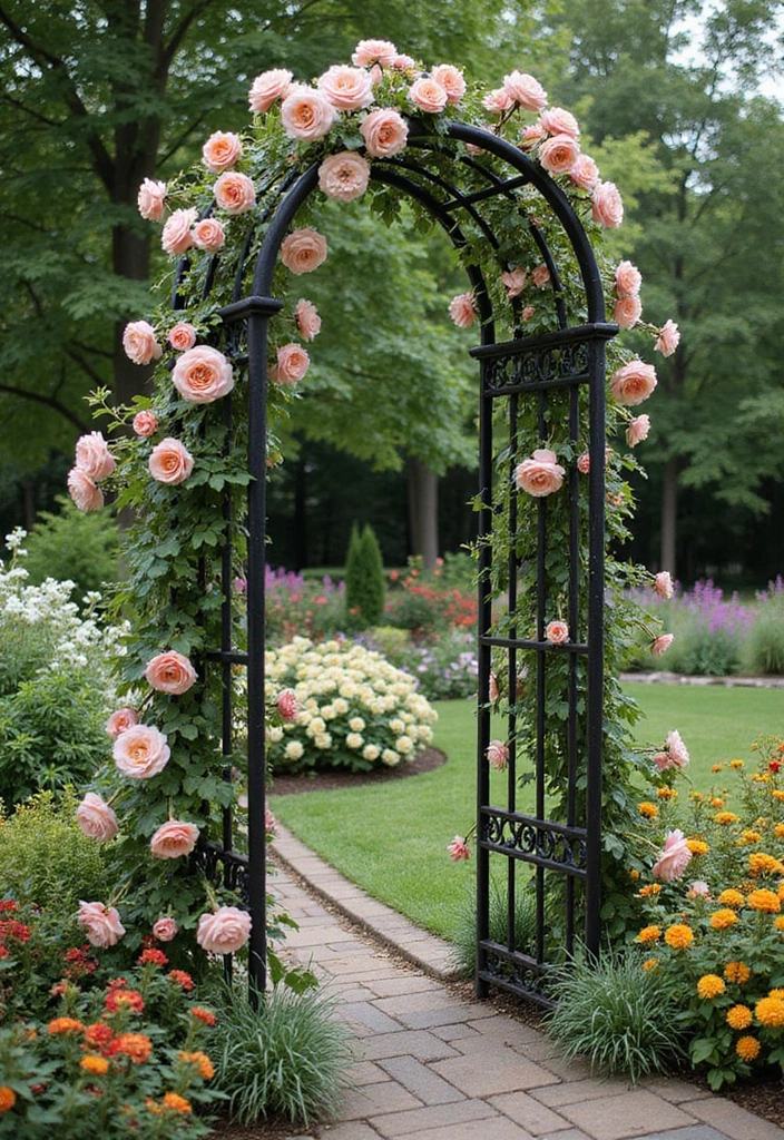 25+ Iron Trellis Ideas That Bring Vintage Elegance 15 25+ Iron Trellis Ideas That Bring Vintage Elegance - 3. Ornate Iron Ladder Trellis