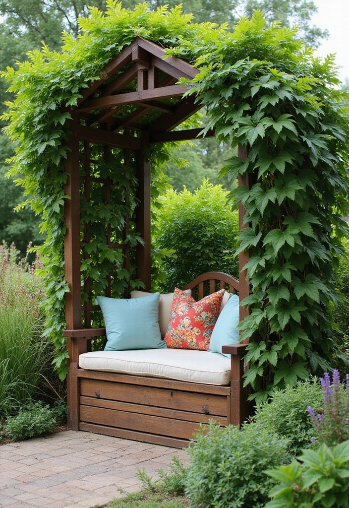 25+ Metal Trellis Ideas for a Modern Garden Look 60 25+ Metal Trellis Ideas for a Modern Garden Look - 10. Trellis with Built-In Seating