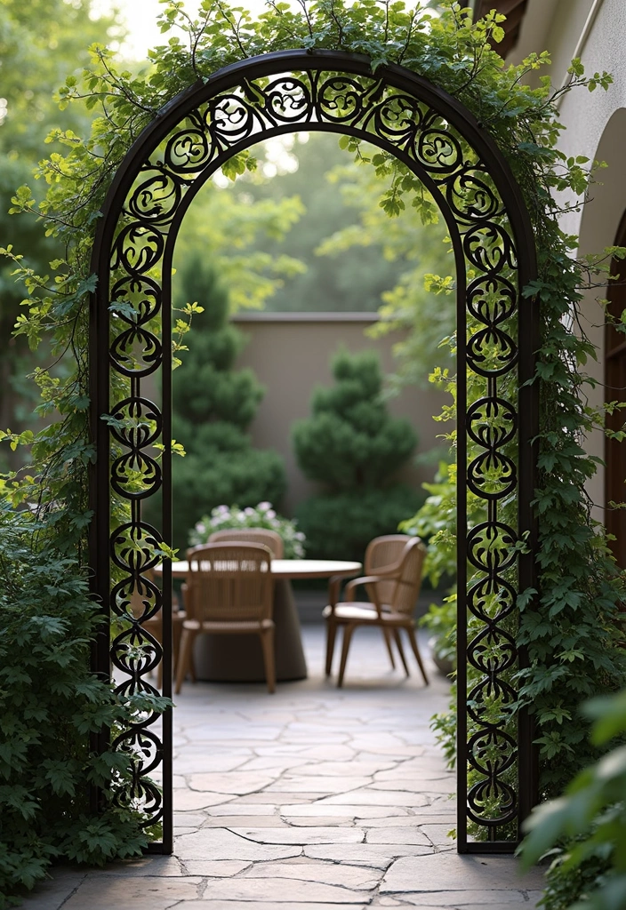 25+ Outdoor Patio Trellis Ideas for Shade and Style 141 25+ Outdoor Patio Trellis Ideas for Shade and Style - 21. Trellis with Artistic Metalwork for Unique Appeal
