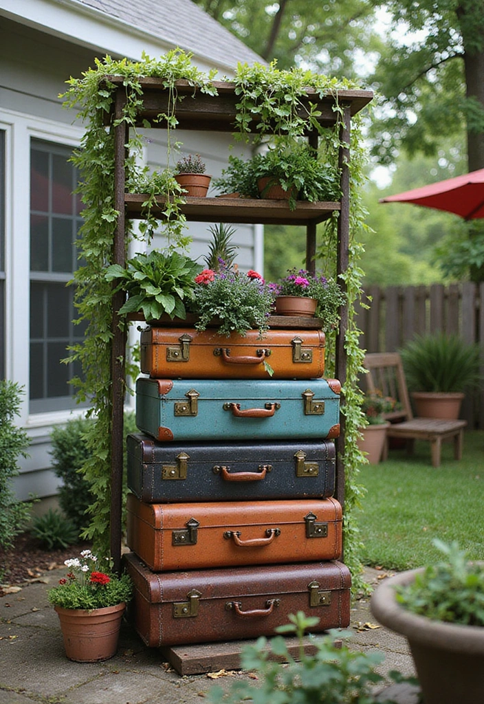 25+ Outdoor Patio Trellis Ideas for Shade and Style 57 25+ Outdoor Patio Trellis Ideas for Shade and Style - 9. Travel-Inspired Trellis Using Vintage Suitcases