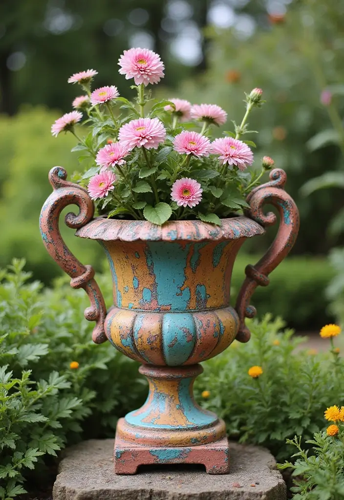 25+ Outdoor Urn Planter Ideas That Add Classic Elegance - 16. Vintage Painted Urn