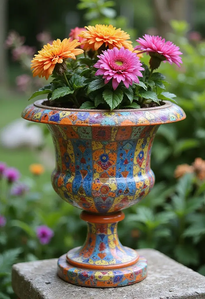 25+ Outdoor Urn Planter Ideas That Add Classic Elegance - 21. Multi-Colored Mosaic Urn