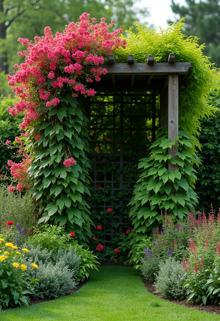 25+ Outside Trellis Ideas for Stylish Curb Appeal 132 25+ Outside Trellis Ideas for Stylish Curb Appeal - 20. Trellis with Mixed Climbing Plants