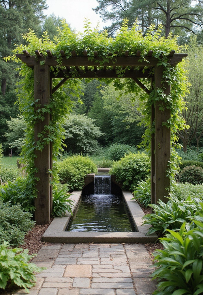 25+ Overhead Trellis Ideas That Add Shade and Dimension - 19. Trellis with Water Feature