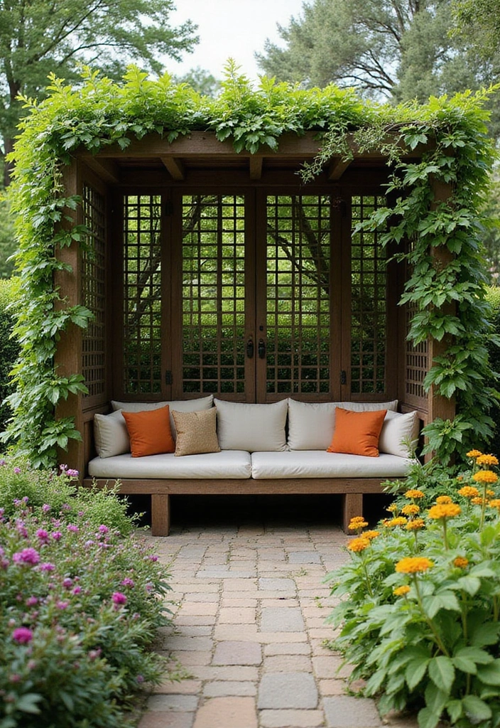 25+ Overhead Trellis Ideas That Add Shade and Dimension - 22. Trellis with Built-in Seating