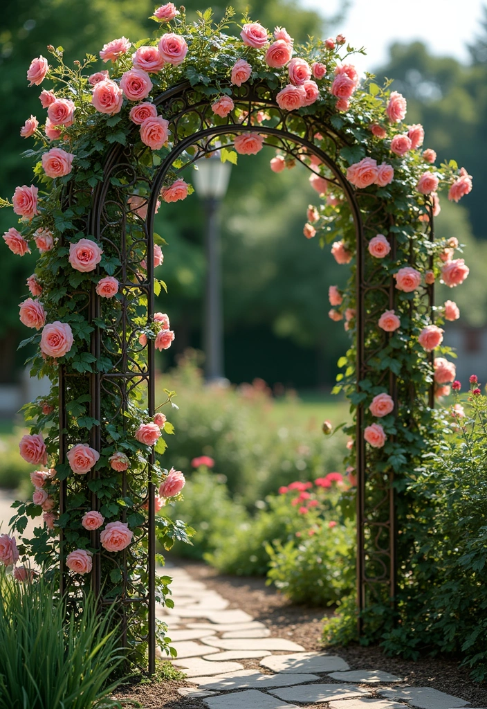 25+ Overhead Trellis Ideas That Add Shade and Dimension - 5. Vintage Iron Trellis