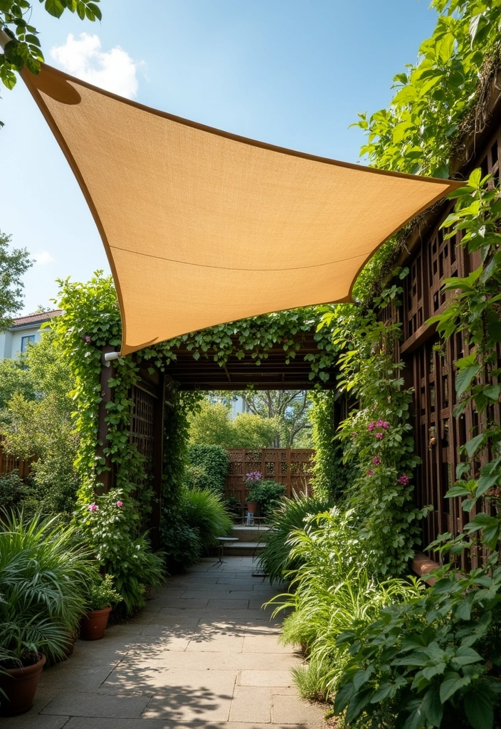 25+ Overhead Trellis Ideas That Add Shade and Dimension - 7. Shade Sail with Trellis