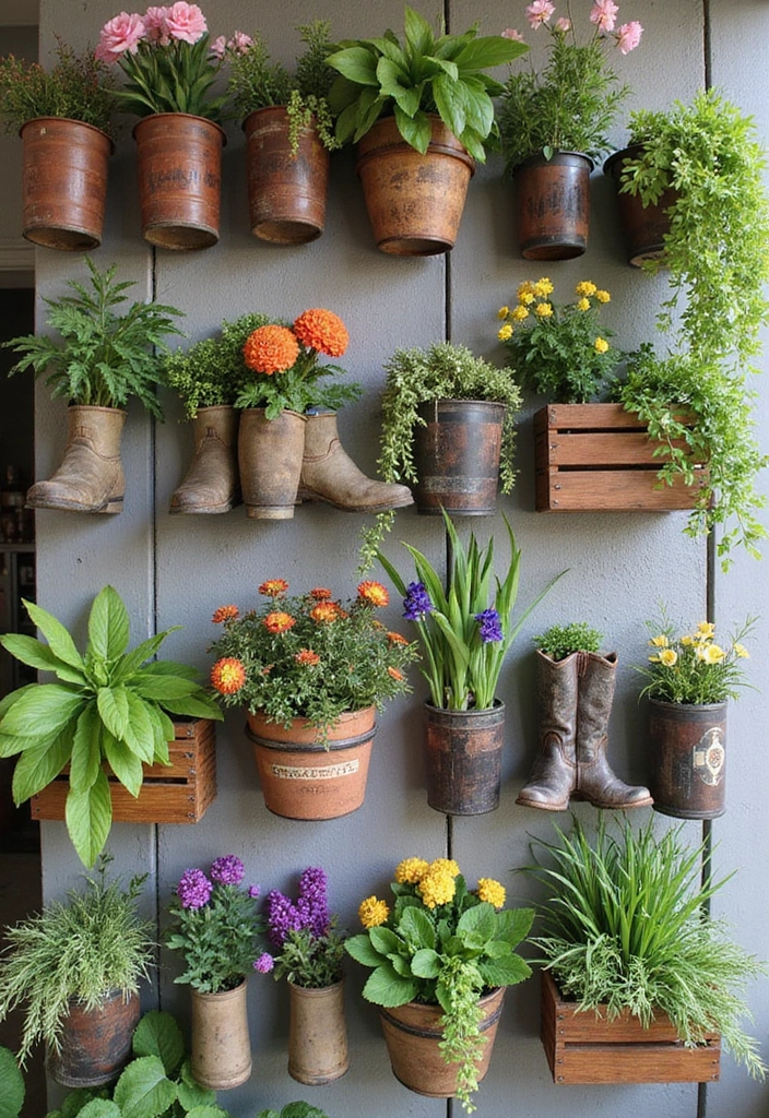25+ Patio Wall Planter Ideas for Small Space Gardening - 4. Repurposed Containers