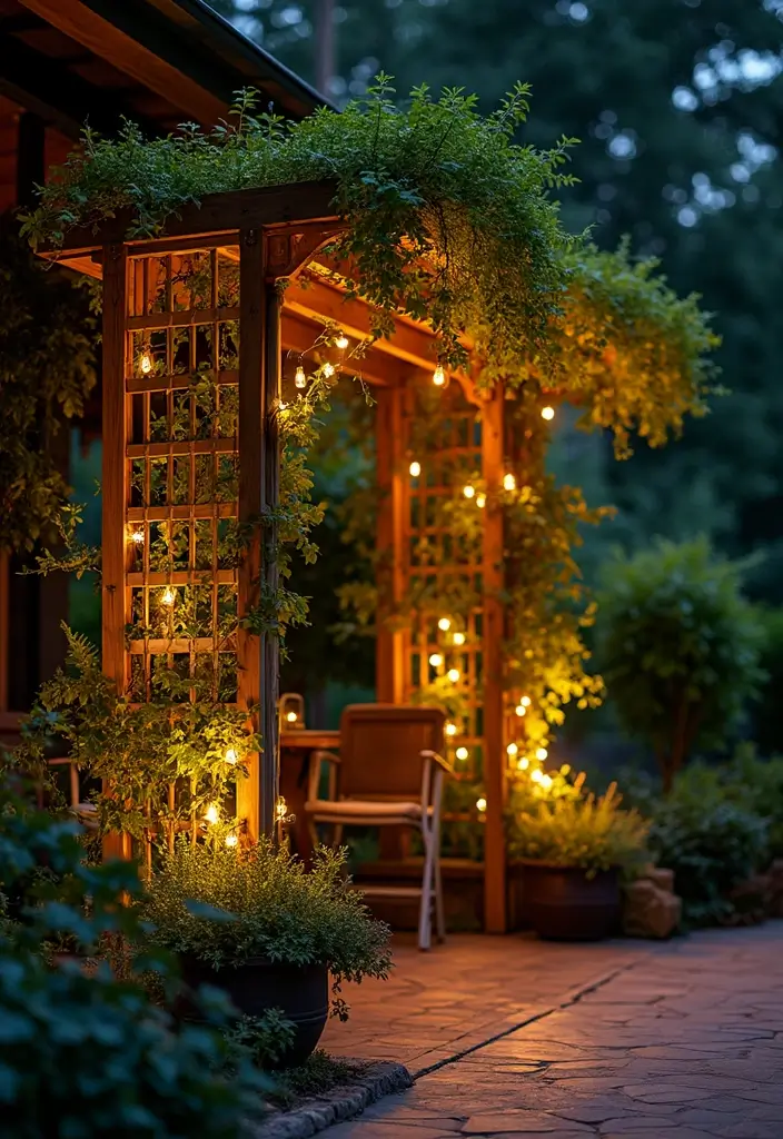 25+ Porch Trellis Ideas That Add Shade and Greenery - 11. Trellis with Built-In Lighting