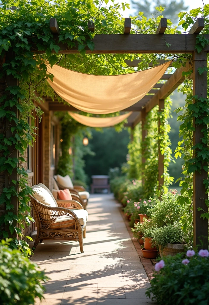 25+ Porch Trellis Ideas That Add Shade and Greenery - 21. Trellis with Fabric Shades