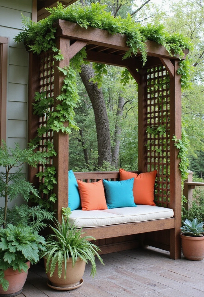 25+ Porch Trellis Ideas That Add Shade and Greenery - 5. Trellis with Built-In Seating